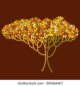 Stylized abstract orange defoliation tree illustration. Ecology, autumn season and garden theme