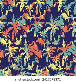 Stylized abstract palm tree with splattered background grunge vector seamless pattern for summer beach wear fabric shirt bikini pareo swimsuit towel