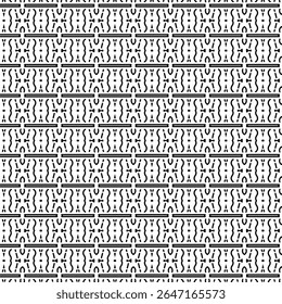 Stylized abstract pattern with tribal-like figures and bold horizontal divider lines. Repeating design ideal for wallpaper, fashion, or decorative background use.