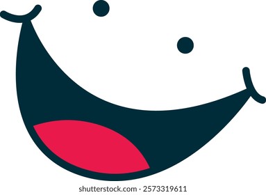 Stylized, abstract representation of a smiling face. Composed of simple shapes: two small black circles for eyes, a large black curved outline, and a red semi-circle for an open mouth.