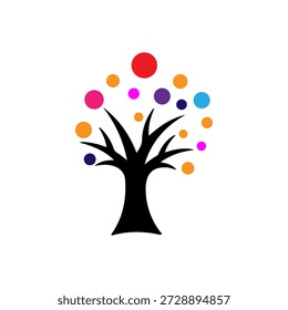 A stylized, abstract representation of a tree with a dark brown trunk and branches reaching upwards. Instead of traditional leaves, the branches are adorned with numerous colorful circles in various sizes and hues, including red, orange, yellow, pink, purple, blue, and cyan. The background is plain white, making the vibrant tree the sole focus of the image. This design evokes a sense of creativity, imagination, and the beauty of diverse elements coming together.