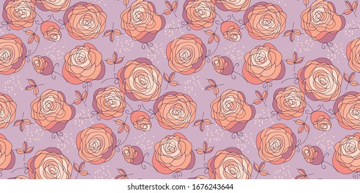 Stylized abstract rose flowers seamless pattern for background, wrap, fabric, textile, wrap, surface, web and print design. Hand drawn line art elegant floral fabric repeatable motif
