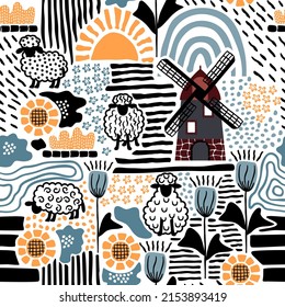 Stylized abstract seamless pattern with windmill and sheep in blue,yellow, black colors. Modern   background and texture for printing on fabric and paper.Vector hand drawn illustration.