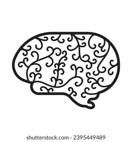 Stylized abstract shaped human brain vector icon outline with curvy lines isolated on square white background. Simple flat minimalist cartoon art styled drawing.