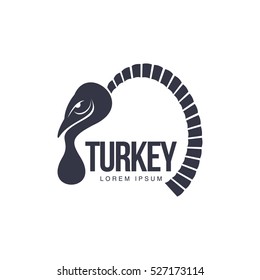 Stylized abstract side view turkey graphic logo template, vector illustration on white background. Black and white side view abstract turkey for business, farm, poultry logo design
