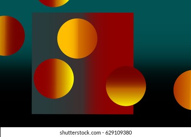 Stylized abstract still life with six red yellow round fruits on a square blue red dish on a blue green background