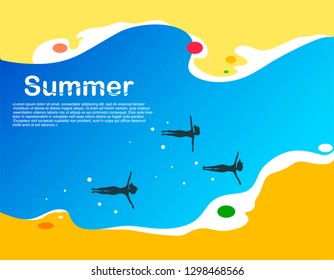 Stylized abstract summer background with silhouettes of sailing people on the water. Vector illustration