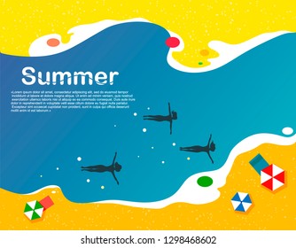 Stylized abstract summer background with silhouettes of sailing people on the water. Vector illustration