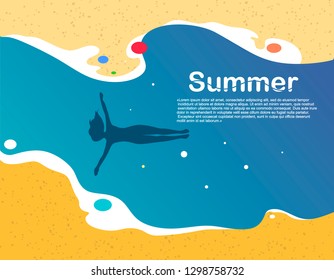 Stylized abstract summer background with silhouettes swimming girl on the water. Vector illustration