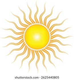 Stylized abstract sun vector icon with glowing yellow center and wavy orange rays, perfect for summer-themed designs, weather apps, or decorative graphics on transparent or white backgrounds.