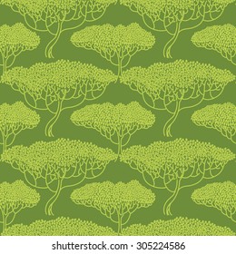 Stylized abstract tree illustration. Wallpaper seamless pattern. Ecology and garden theme