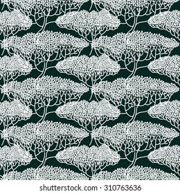 Stylized abstract trees illustration. Wallpaper seamless pattern. Ecology and garden theme