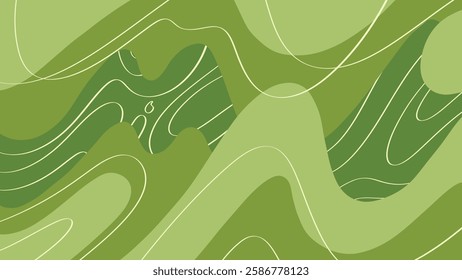 Stylized abstract vector illustration featuring a fluid topographic map pattern in various green shades. This modern design incorporates smooth contour lines and organic waves, 