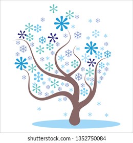 stylized, abstract winter tree. Snow on the branches, snowflakes on the tree