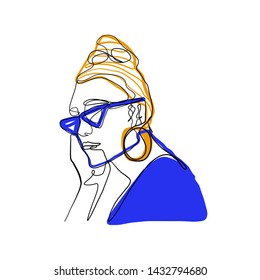 Stylized abstract woman portrait. Female beauty figure logo with orange, blue and black colors elements. One line continuous model. Girl in sunglasses and big earring 