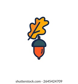 Stylized acorn dangling beneath autumnal oak leaf graphic