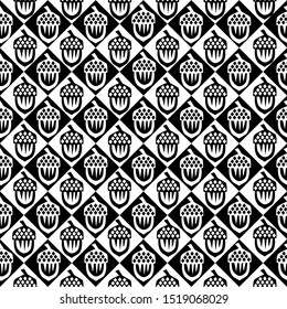 
Stylized acorns on the background of rhombs.
 Seamless doodle pattern. Cartoon design. Vector texture.