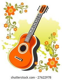 Stylized acoustic guitar and flowers  on a white background.