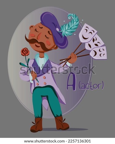 A stylized actor, with three masks in his hands, in a suit, with a feather, with the inscription "Actor", for the alphabet the letter "A", for children's books or theater for children. Darker skin