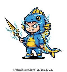 Un personaje de chibi estilizado y adorable vestido con un traje de pez azul con capucha y cola, sosteniendo una lanza brillante que crepita con electricidad.