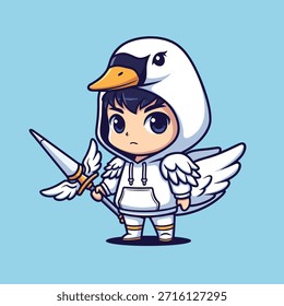 Un personaje de chibi estilizado y adorable vestido con un traje de cisne blanco, completo con una capucha y alas, sosteniendo una lanza decorativa.