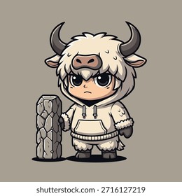 A stylized, adorable chibi character resembling a yak, wearing a fluffy white hoodie and holding a rough stone pillar. The character has large, expressive eyes and horns.