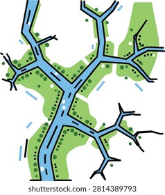 Stylized Aerial View Vector Illustration of a Branching River