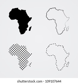 Stylized Africa Map Icons – Solid, Outline, Dotted and Dashed Variants in 2x2 Grid. A minimalist graphic featuring four stylized representations of the African continent arranged in a 2x2 grid. Each version uses a distinct visual style: solid silhouette, thin outline, dotted pattern, and dashed contour. These variations demonstrate different graphic techniques for depicting the same geographical shape, making the image ideal for themes related to cartography, education, design systems, or cultural representation. Suitable for use in infographics, editorial layouts, presentations, or geographic icon sets.