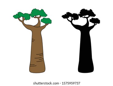 Stylized africa tree on white background, Baobab tree, Green plants, Nature vector illustration.