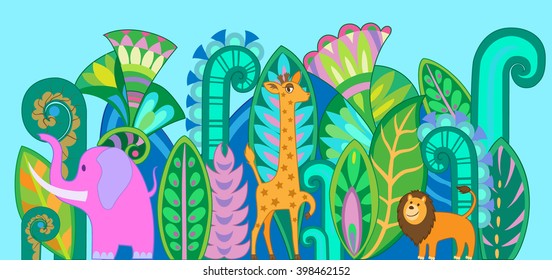 stylized african animals and plants