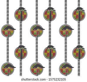 Stylized african pattern with stripes and stickers with african trees. Seamless.