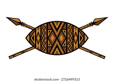 Escudo africano estilizado y dos lanzas cruzadas, con patrones geométricos tribales, que simbolizan la cultura y las tradiciones guerreras.