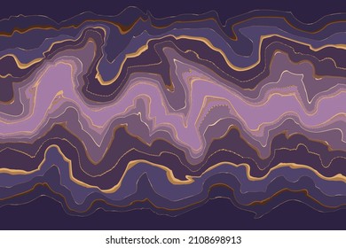 Stylized agate vector texture. Dynamic gold veins on blue very peri violet marble background. Marbling liquid drawing with scratch rock stratum surface. Inspired by nature's granite. No gradients.