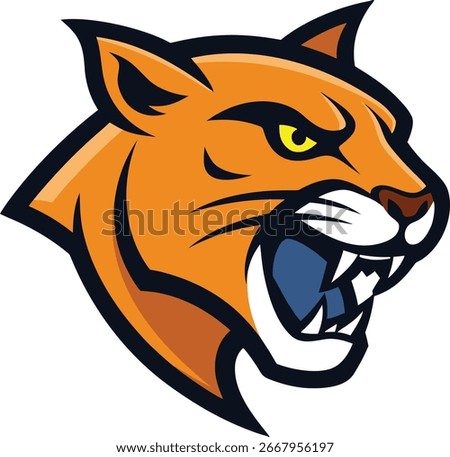A stylized, aggressive cougar head mascot in orange with sharp teeth bared, yellow eyes, and a dark outline, perfect for sports teams.