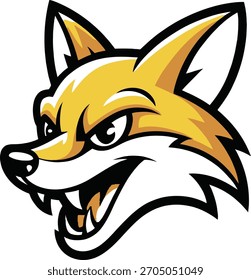 Ein stilisiertes, aggressives Maskottchen aus goldenem Fuchskopf mit scharfen Zähnen, die in schmalen, scharfen Augen und kräftigen schwarzen Umrissen auf weißem Hintergrund entblößt sind.