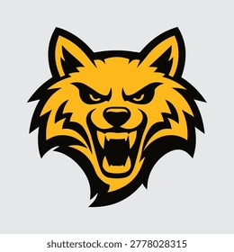 A stylized and aggressive golden wolf head, perfect for sports teams or brand identity, showcasing sharp features and an open snarl.