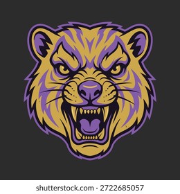 Um mascote estilizado e agressivo da cabeça do tigre com dentes afiados e olhos intensos, representado em roxo e ouro.