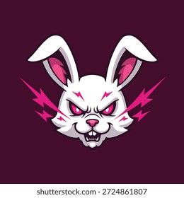 Una cabeza de conejo blanco estilizada y agresiva con ojos rosados brillantes y dientes afilados, rodeada de rayos rosas eléctricos.
