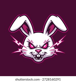A stylized, aggressive white rabbit head with sharp teeth, glowing pink eyes, and emanating pink lightning bolts, presented as a mascot.