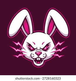 Una mascota de conejo blanco estilizado y agresivo con dientes afilados, ojos rosados brillantes y rayos rosados que emanan de su cara.