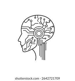 Stylized AI head with curved circuits and embedded chip system, minimal futuristic illustration of digital cognition.