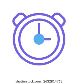 Ilustração estilizada do relógio de alarme em roxo e azul, significando pontualidade
