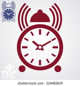 Stylized alarm clock vector 3d illustration with podcast sign, classic wake up ticker. Graphic retro dimensional clock with clang bell, hurry concept.