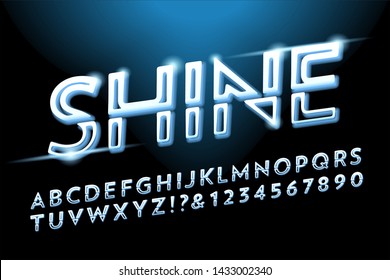 A stylized alphabet of capitals and numbers with divided strokes and a blue neon halo.