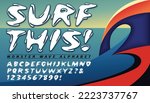 A stylized alphabet with churning water droplets, with a strong surf-style vibe. Good logo font for surfer and watersports gear.