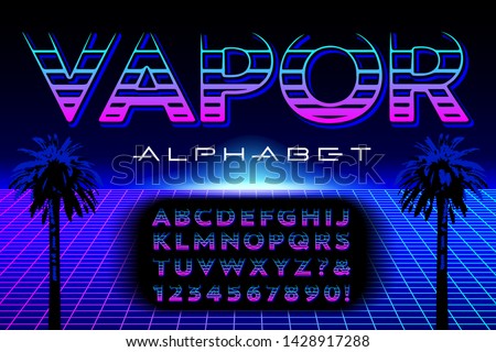 A stylized alphabet constructed with horizontal strokes. This font is in the style and color palette of vaporwave or synthwave graphics