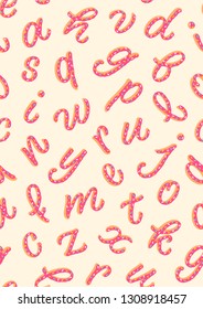 stylized alphabet letters, donuts pattern, calligraphy, lettering