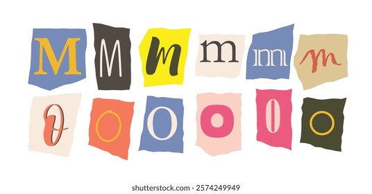 Stylized alphabet letters M and O in various fonts and colors, arranged on colorful torn paper backgrounds. Creative typography concept. Vector illustration