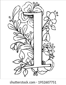 Alfabeto estilizado.  números 1. Colores - Motivos florales antiestrés. Colección de símbolos del alfabeto, números. Ilustración vectorial. Aislado sobre fondo blanco