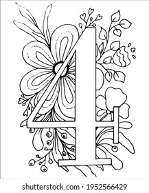 Stylized alphabet.  numbers 4. Coloring - Anti-stress floral motifs. Collection of alphabet symbols, numbers. Vector illustration. Isolated on white background
